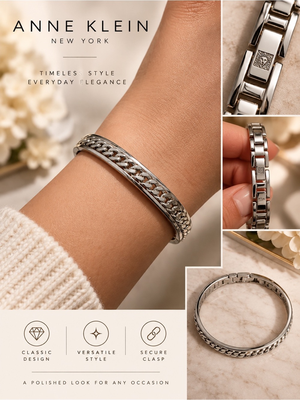 Anne Klein Polished Silver Chain-Link Bangle Bracelet